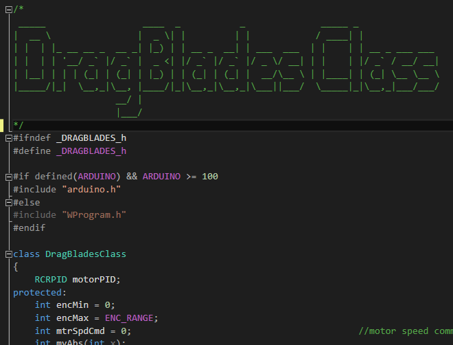 Screenshot of the DragBlades class header file from the VDS software